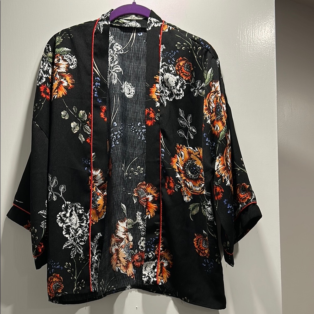 Liberty Love Black and Orange Floral Kimono Jacket